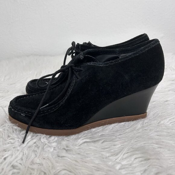 RALPH LAUREN LRL BOOTIE Shoes DENVER Black Suede Boots Moc Toe Lace Up Size 7B - Picture 1 of 12